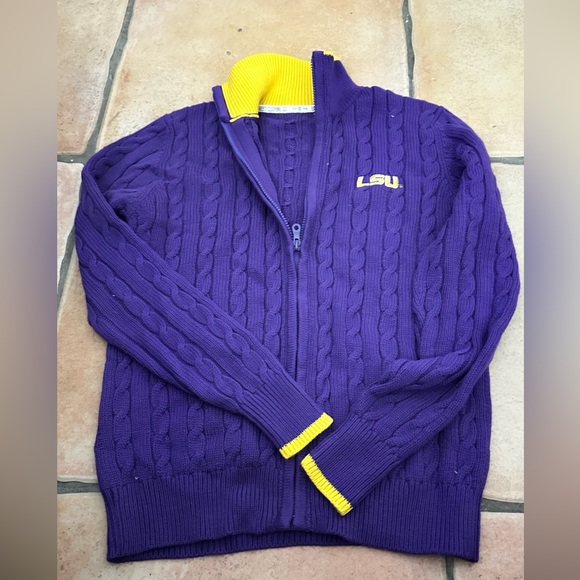 Poly cotton cardigan size L, color purple LSU logo embroidered (yellow accents) - Picture 1 of 4